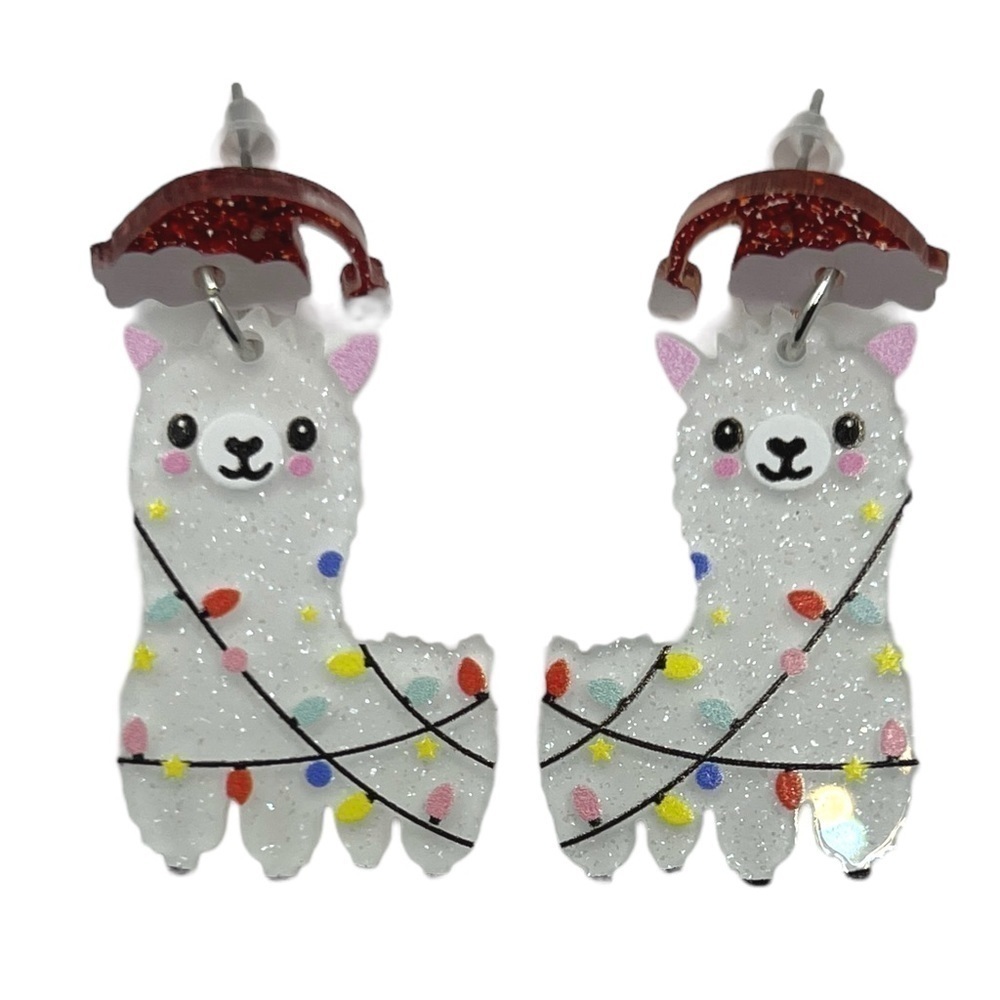 Christmas Llamas Festive Glitter Acrylic Dangle Earrings